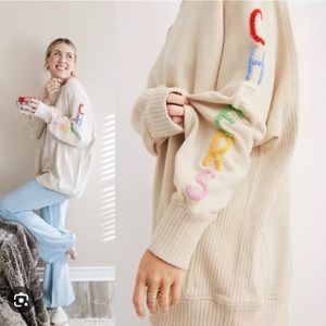 Aerie oversized “CHEERS” crewneck, cream/tan with multicolored sleeve, size M